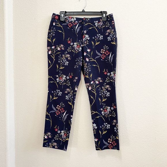 Stradivarius Pants Womens Navy Blue Chino Skinny Mid Rise Floral Slacks Cotton - Picture 8 of 12